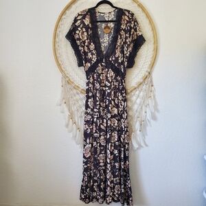 NWT Bila77 Witchy Lace Tiered Hem Floral Maxi Dress Black Size Large
